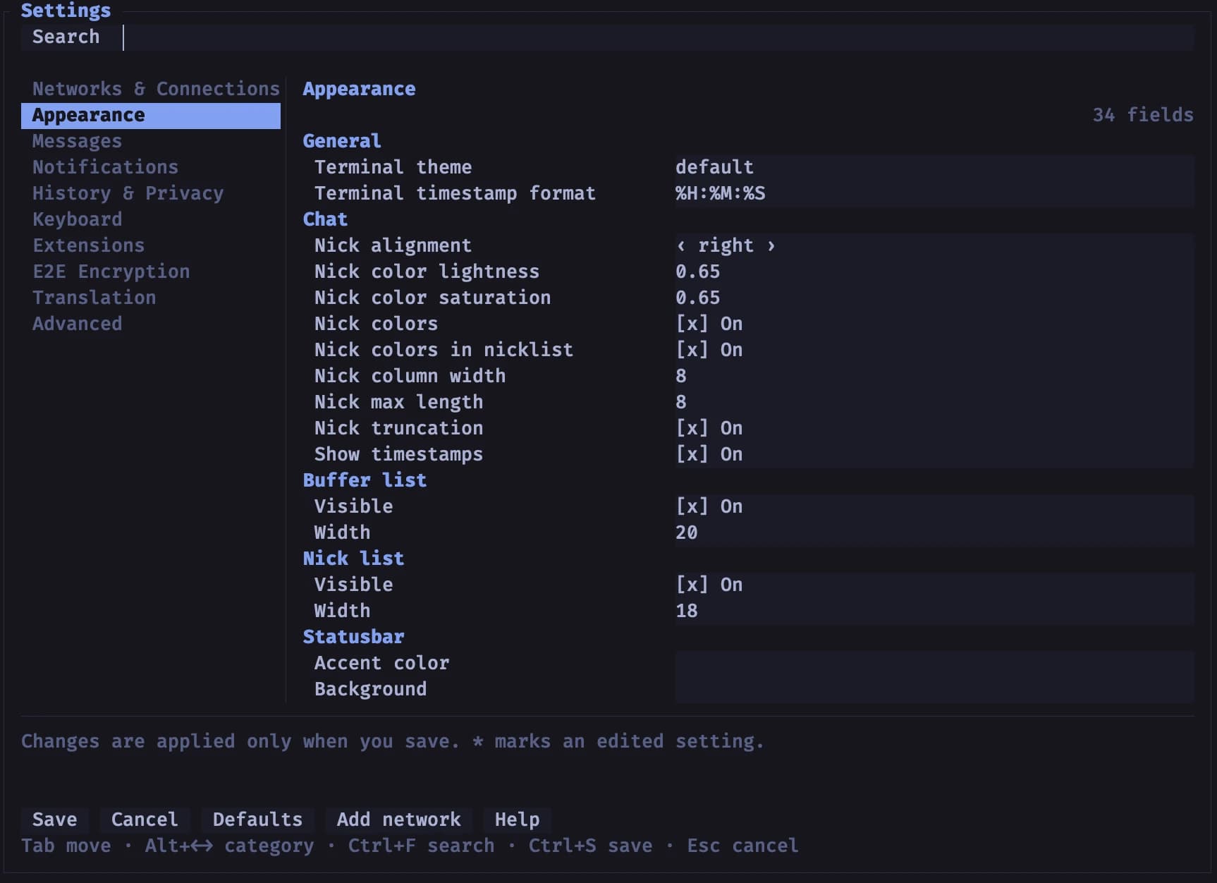 Repartee settings window showing the Appearance category with options for theme, timestamps, nick colours, buffer list and status bar