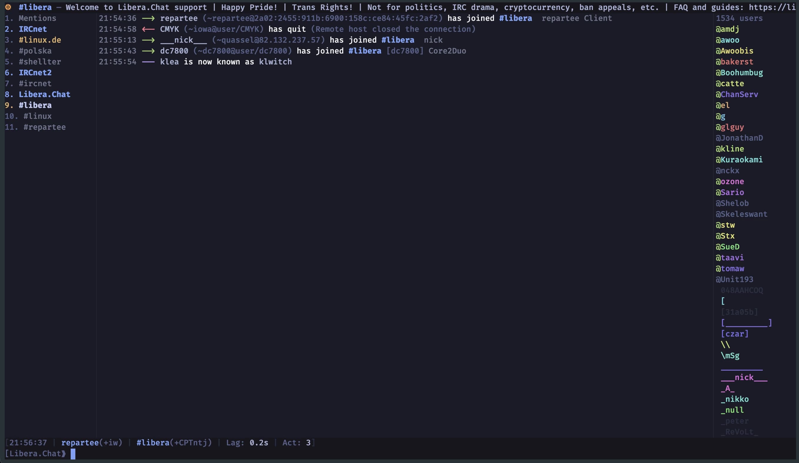 Repartee terminal IRC client connected to IRCnet and Libera.Chat, showing the buffer list, the #libera channel and a nick list with 1,534 users